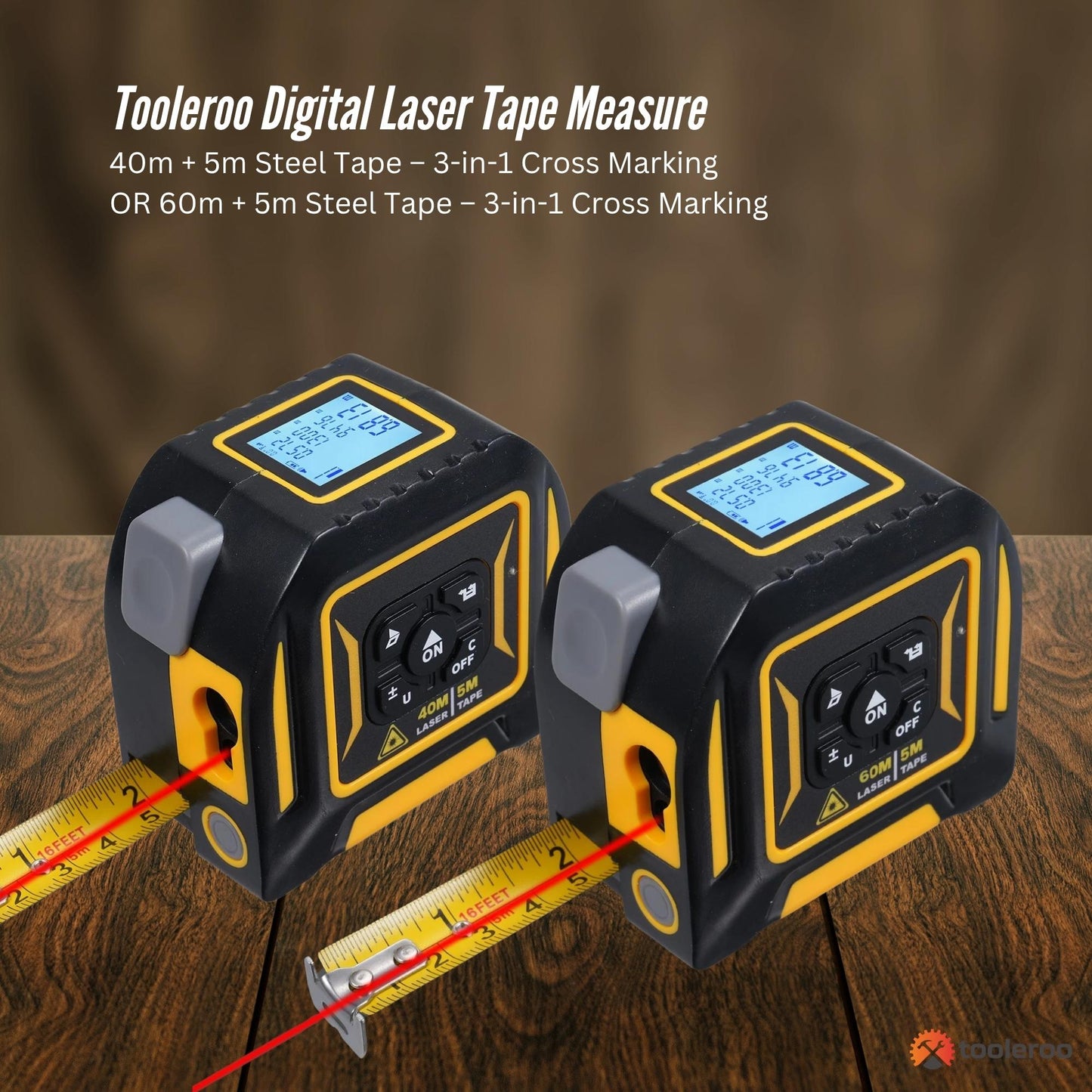 Tooleroo Digital Laser Tape Measure+ 5m Steel Tape – 3-in-1 Cross Marking-1