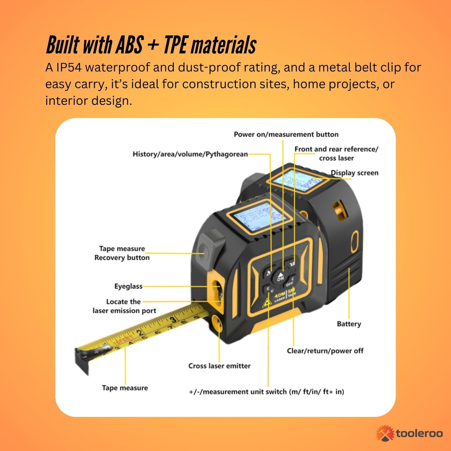 Tooleroo Digital Laser Tape Measure+ 5m Steel Tape – 3-in-1 Cross Marking-3