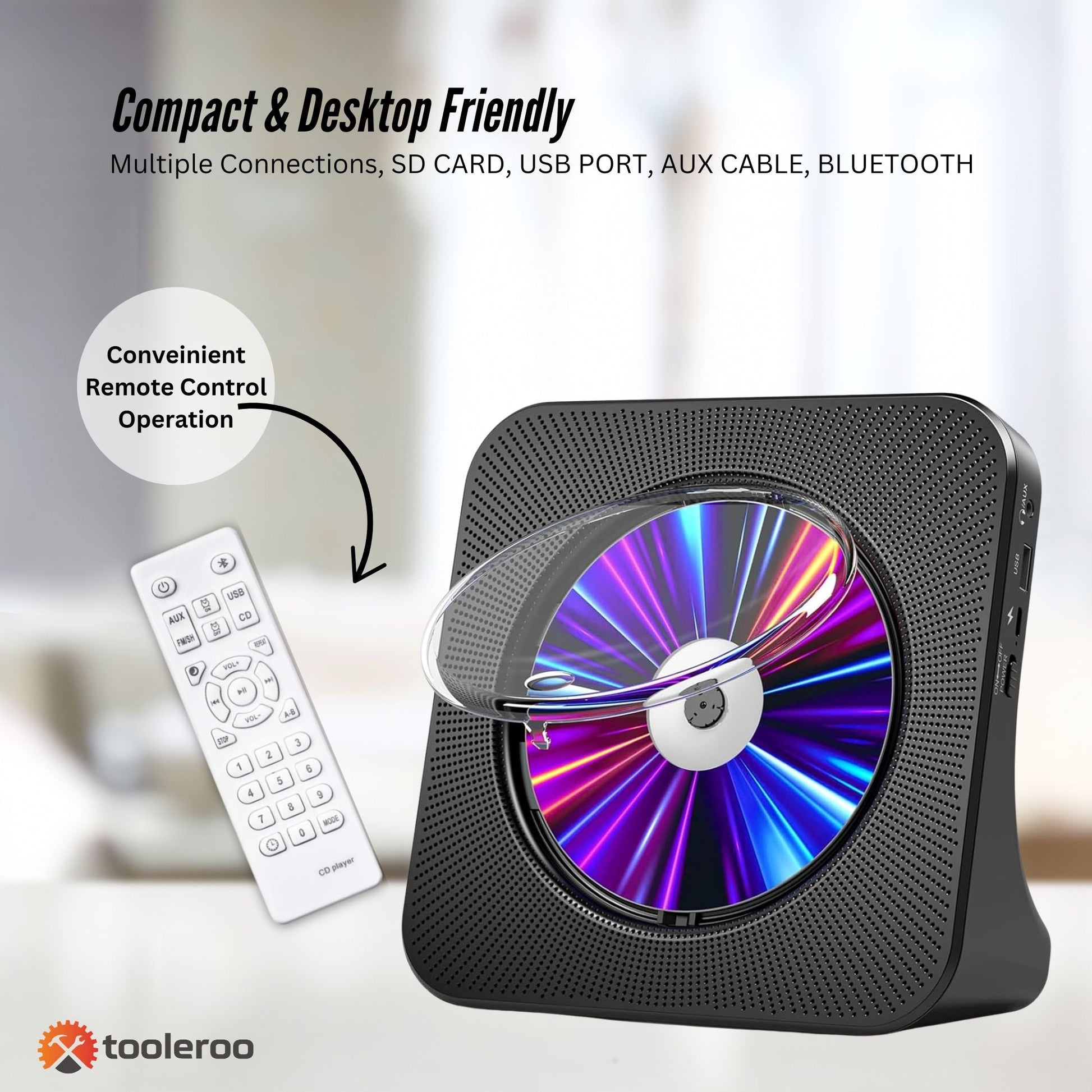 Tooleroo USB Rechargeable Desktop CD Player Speaker – Bluetooth Portable Black-4