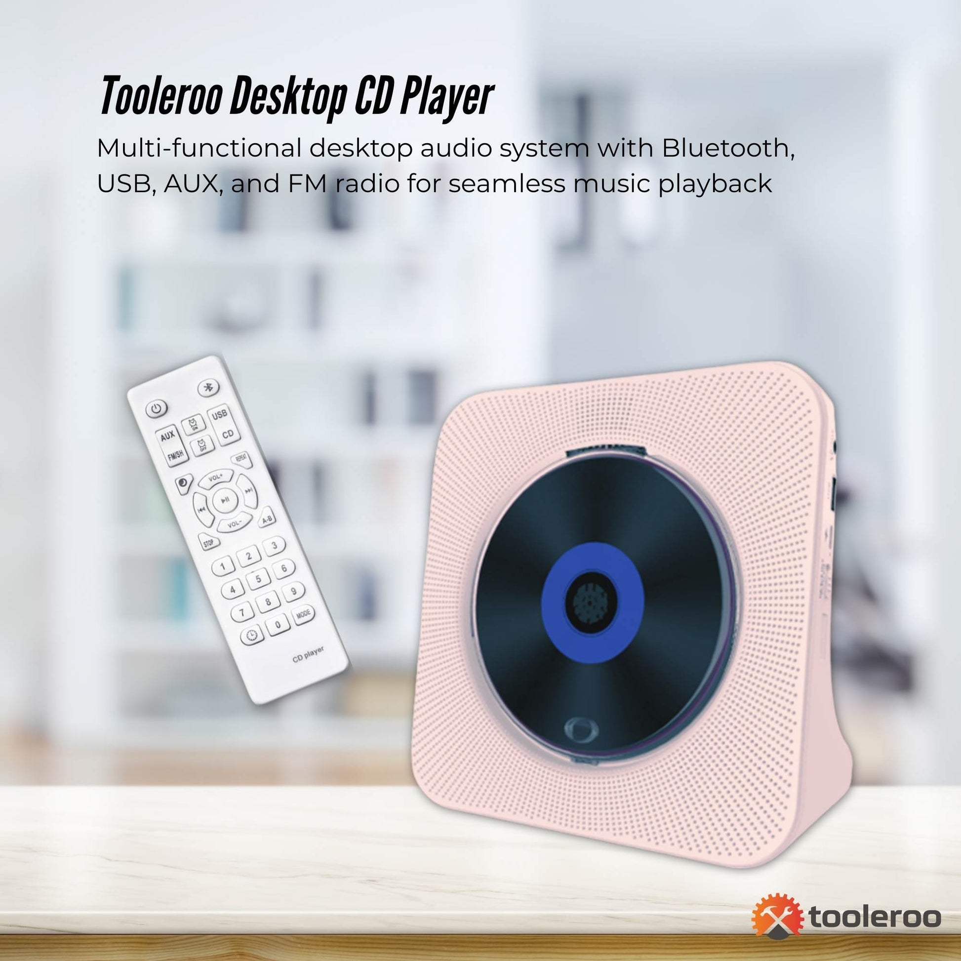 Tooleroo USB Rechargeable Desktop CD Player Speaker – Bluetooth Portable Pink-1