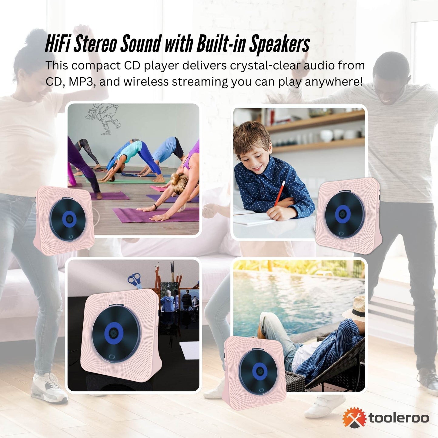 Tooleroo USB Rechargeable Desktop CD Player Speaker – Bluetooth Portable Pink-2