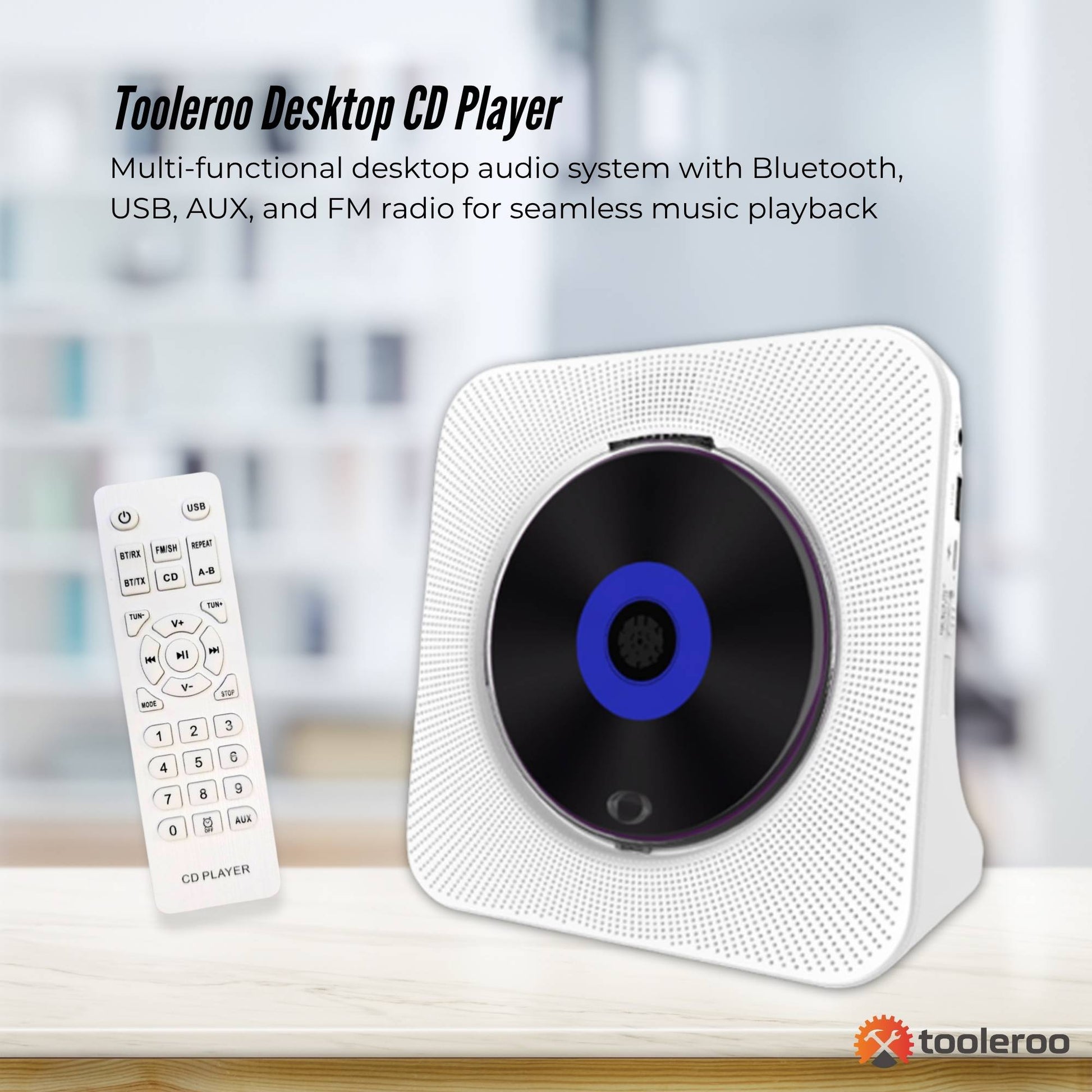 Tooleroo USB Rechargeable Desktop CD Player Speaker – Bluetooth Portable White-1