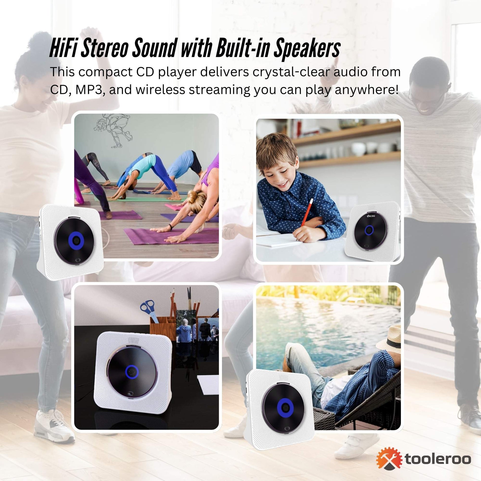 Tooleroo USB Rechargeable Desktop CD Player Speaker – Bluetooth Portable White-2