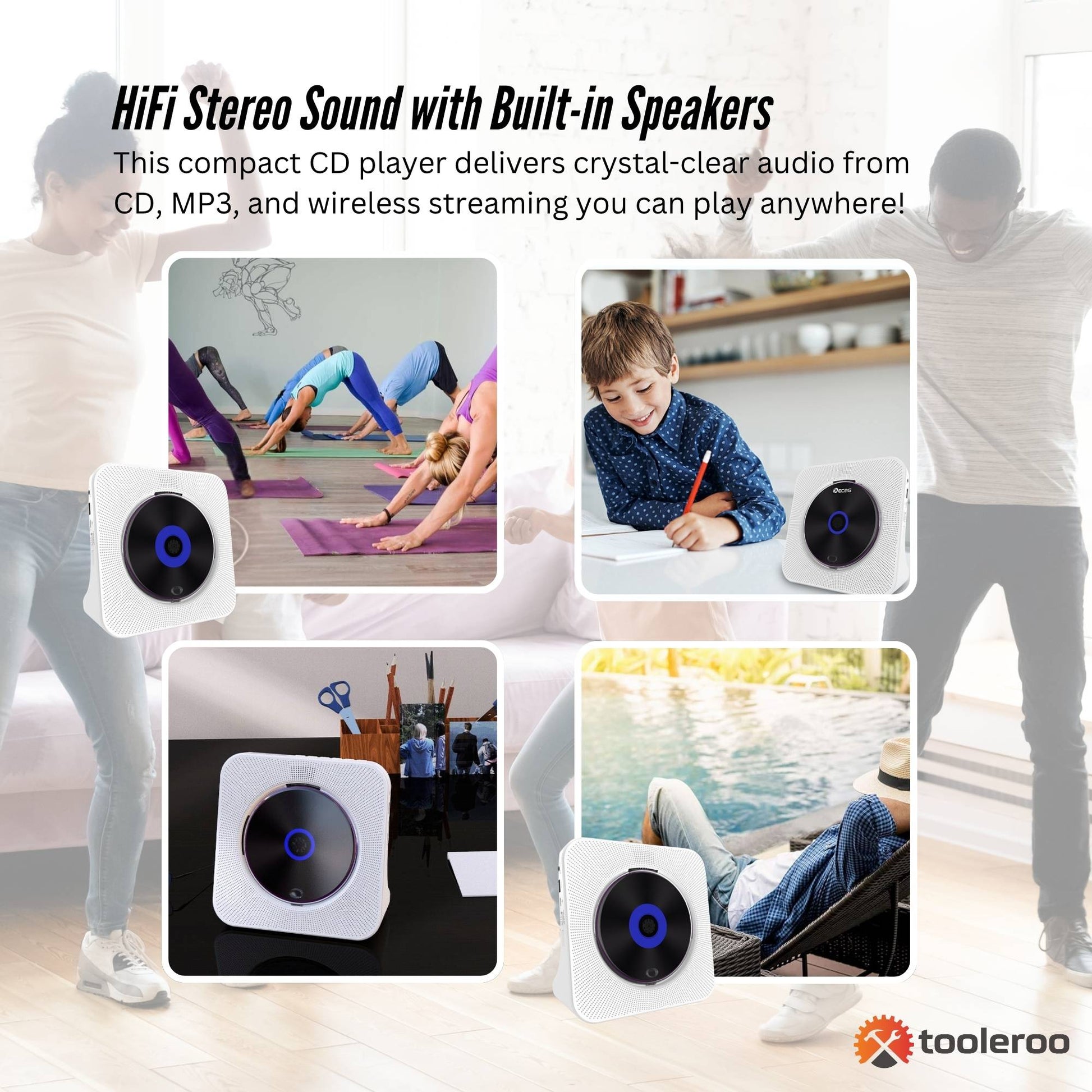 Tooleroo USB Rechargeable Desktop CD Player Speaker – Bluetooth Portable White-2