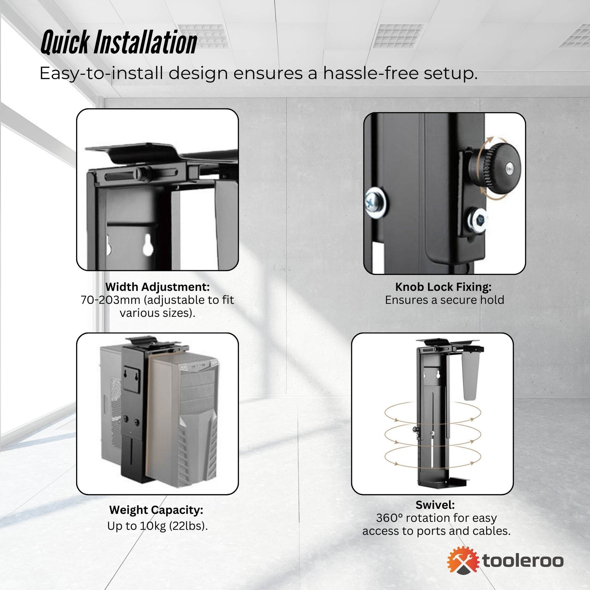 Tooleroo Under Desk CPU Holder PC Mount - Adjustable 360 Degree Rotation Rack-3