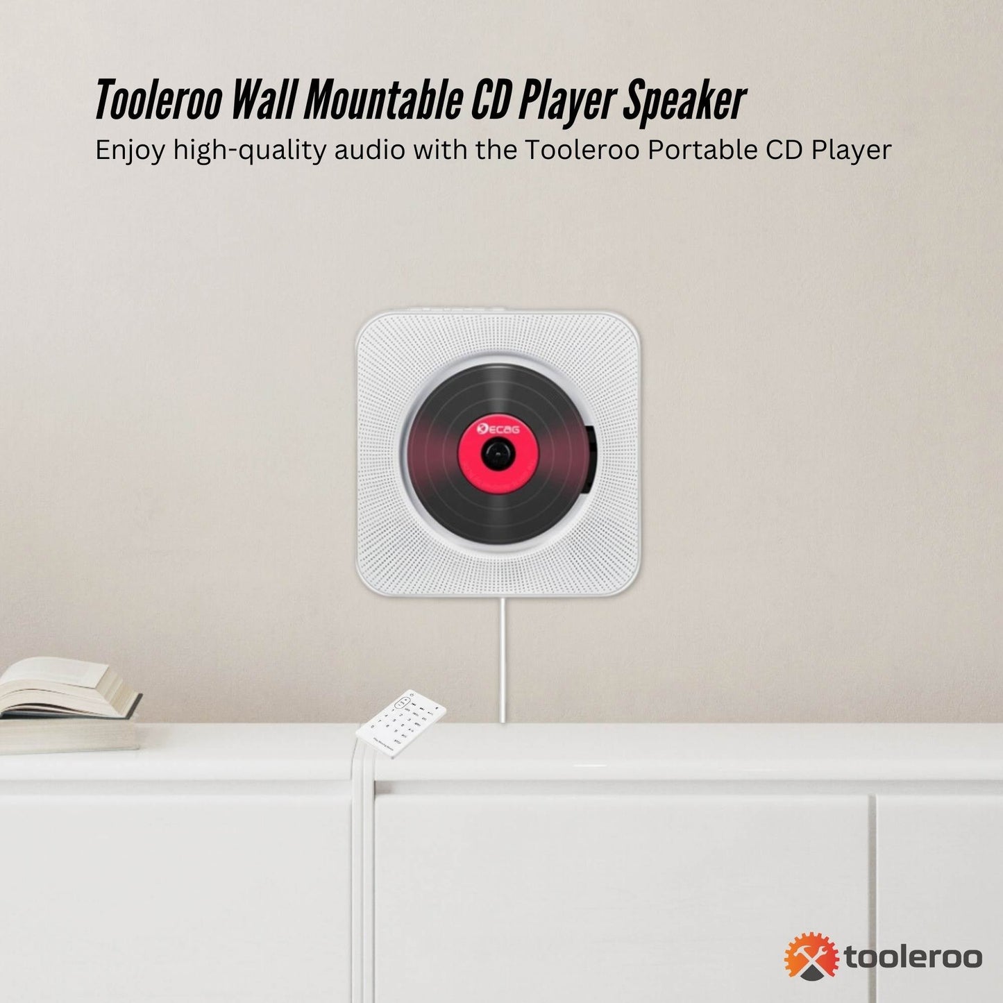 Tooleroo Wall Mountable CD Player Speaker - Bluetooth HiFi FM Radio White-1