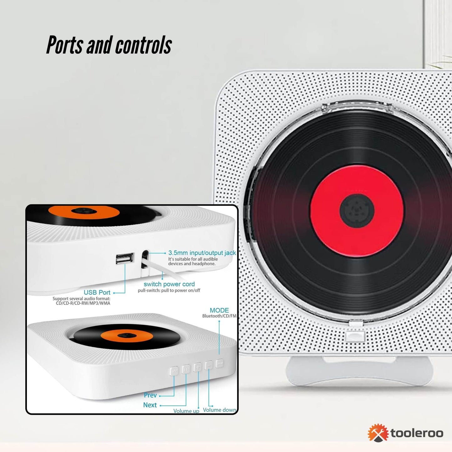 Tooleroo Wall Mountable CD Player Speaker - Bluetooth HiFi FM Radio White-2