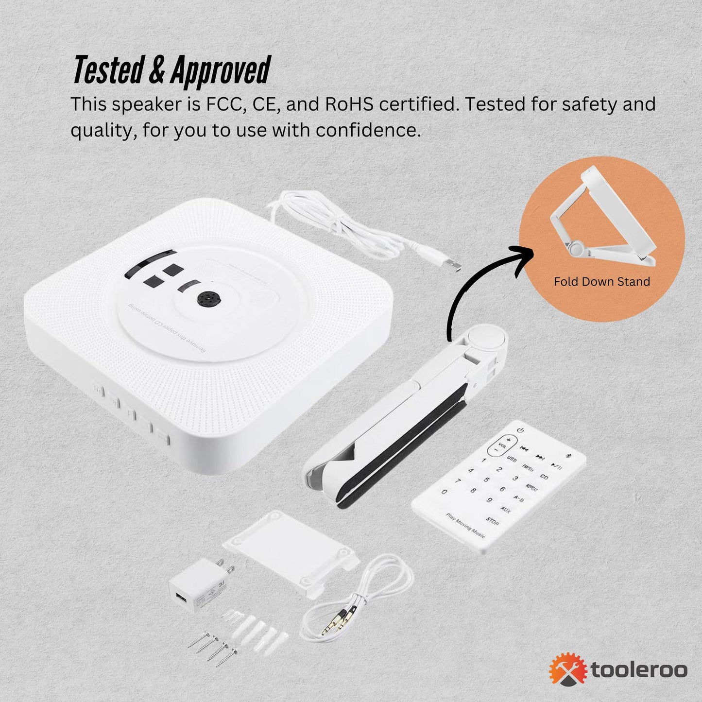 Tooleroo Wall Mountable CD Player Speaker - Bluetooth HiFi FM Radio White-3