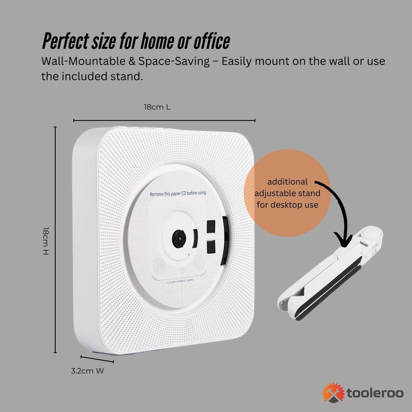 Tooleroo Wall Mountable CD Player Speaker - Bluetooth HiFi FM Radio White-4