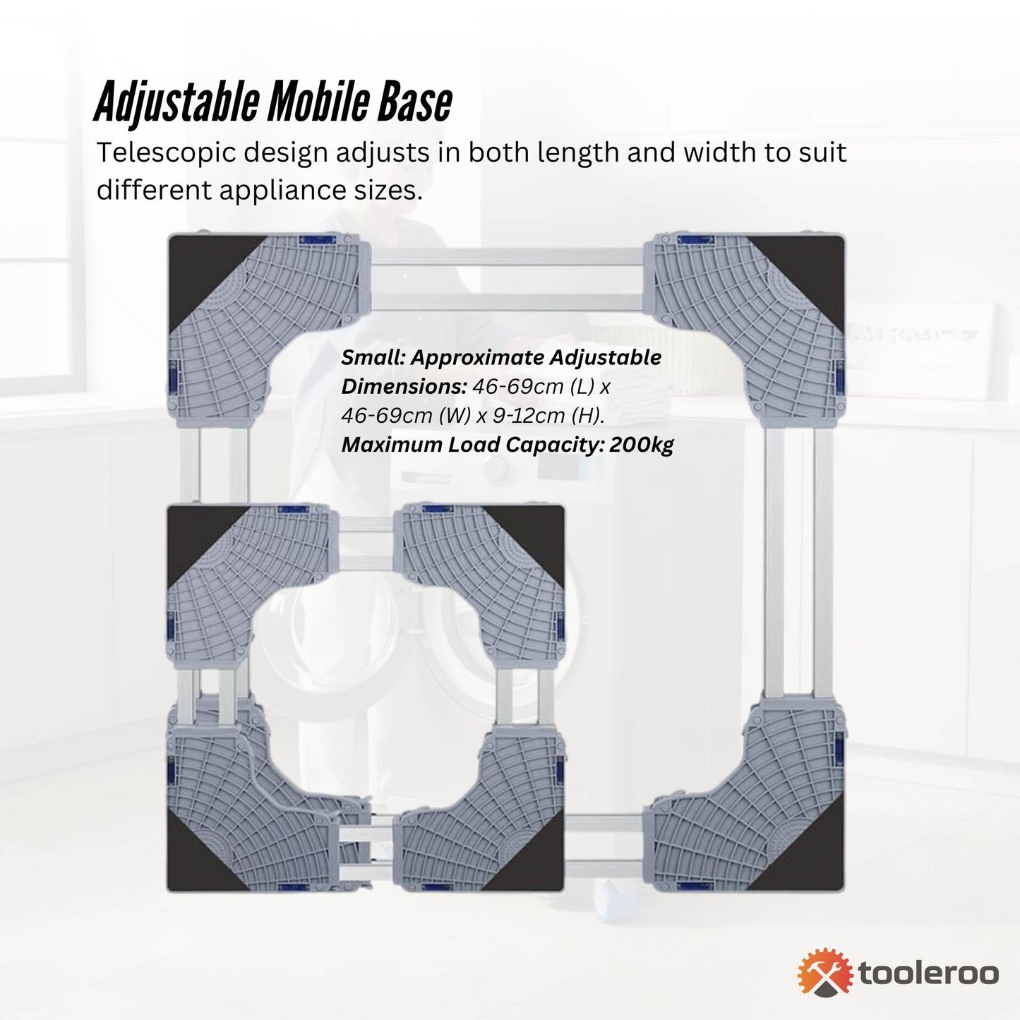 Tooleroo Washing Machine Stand - 200Kg Adjustable Wheeled Fridge Appliance Base-2