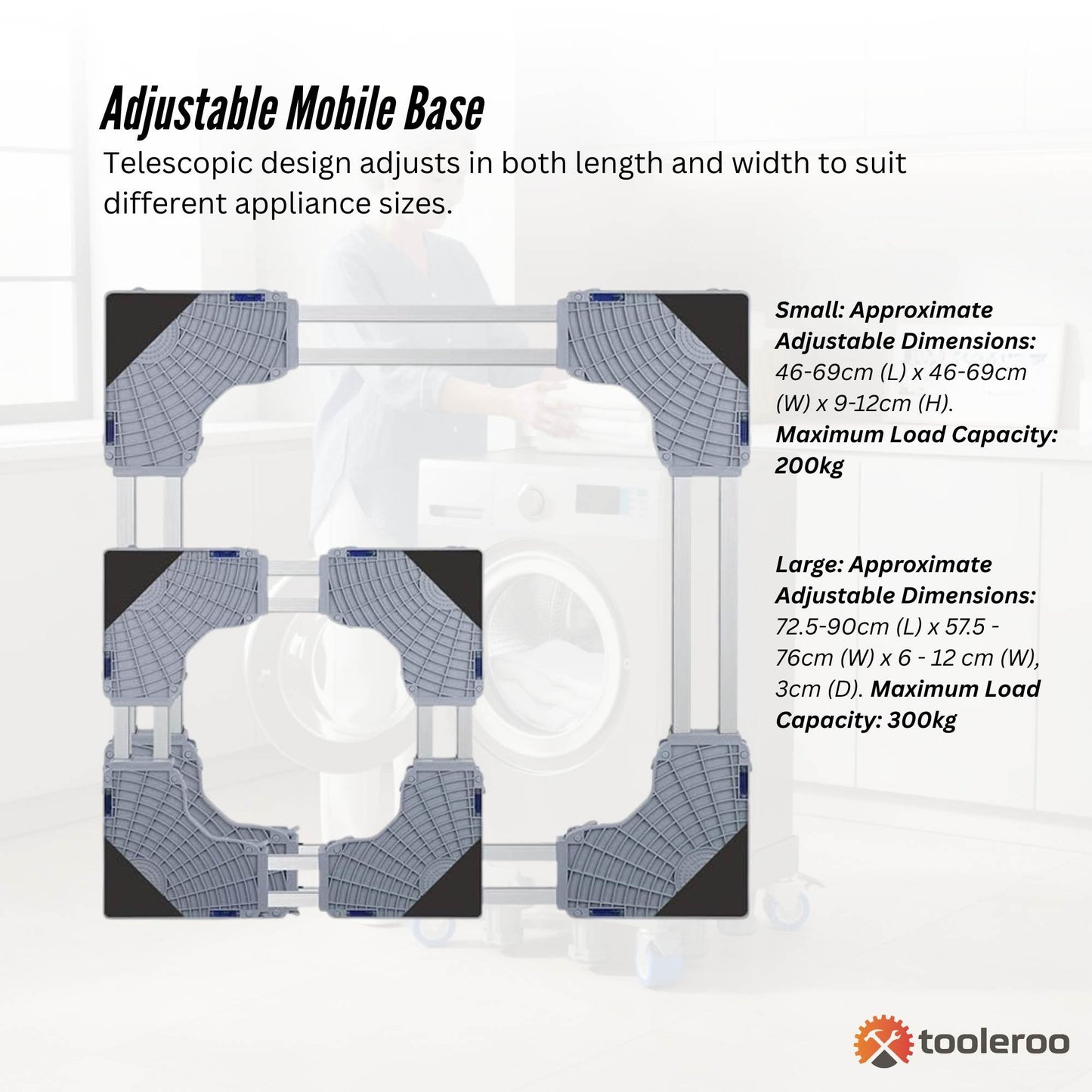 Tooleroo Washing Machine Stand - Wheeled Adjustable Fridge and Appliance Base-3