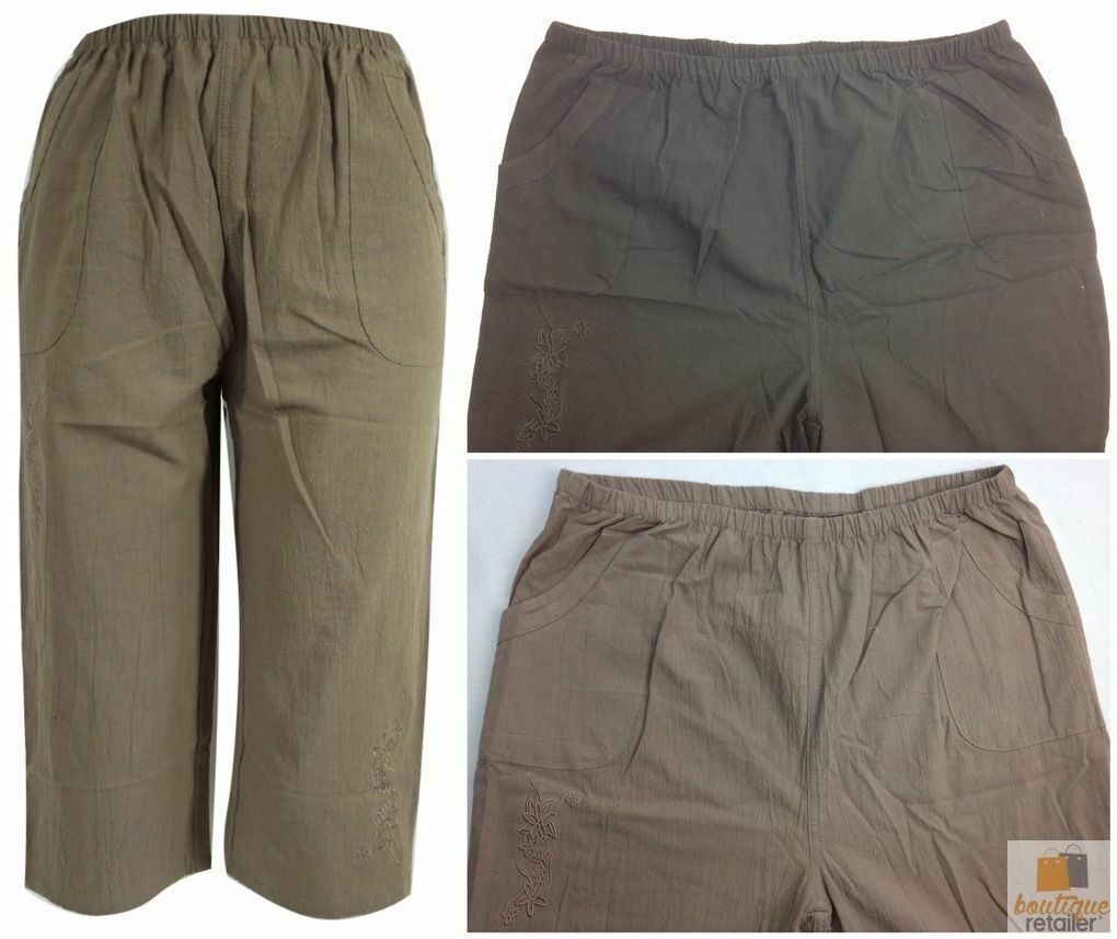 Womens PLUS SIZE 3/4 Shorts Capri 100% COTTON Elastic Trousers-1