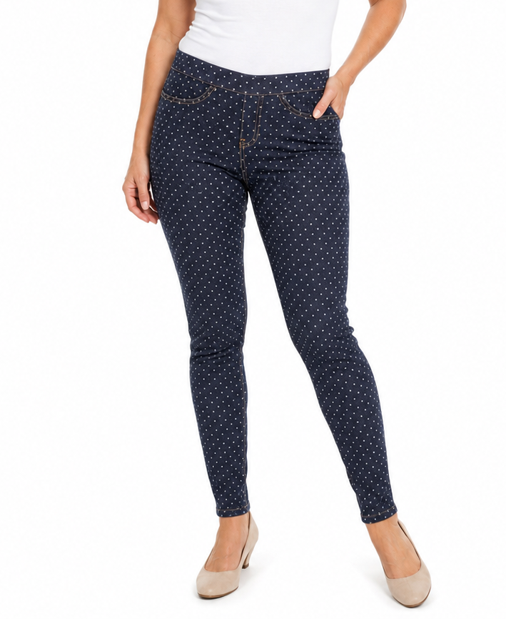 Womens JEGGINGS Full Length Ladies Skinny Pants Stretchy Leggings Slim - Denim Blue with White Polka Dots