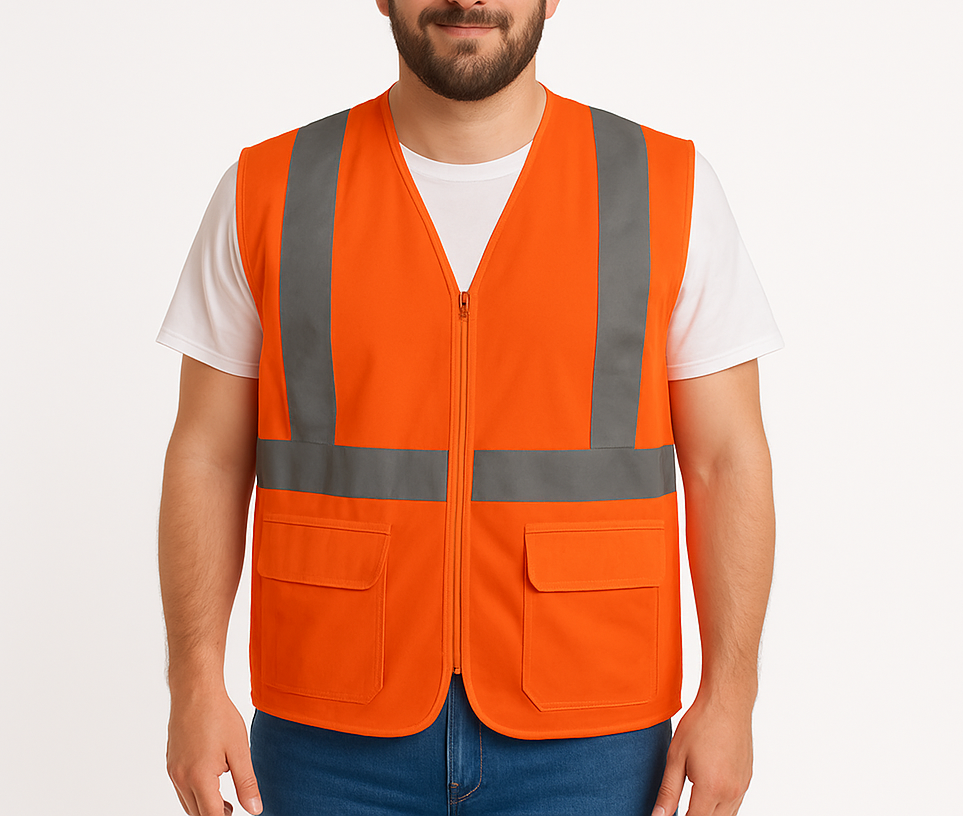 Mens Hi Vis Zip Thru Safety Vest w/ Reflective Tape Workwear in Fluro Orange-0