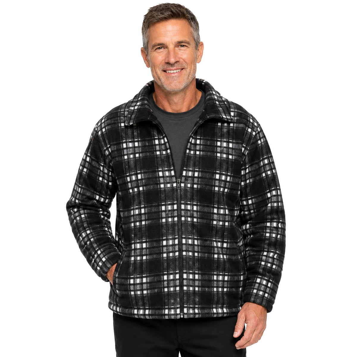 Mens Fur Lined Zip Jacket Polar Fleece w/ Quilted Sleeves Warm Winter in Black Check