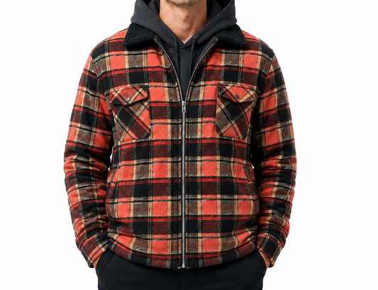 Mens Fur Sherpa Lined Check Shacket Jacket Shirt Fleece Lined in Barn Red Check