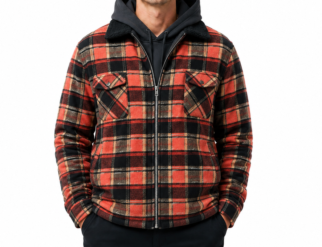 Mens Fur Sherpa Lined Check Shacket Jacket Shirt Fleece Lined in Barn Red Check