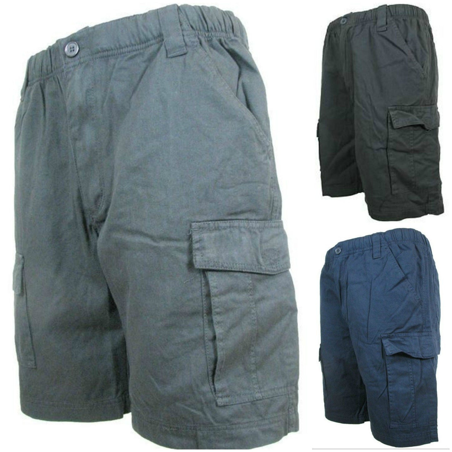 CARGO SHORTS Elastic Waist 100% COTTON Army Military PLAIN Pocket Mens S-XXL-1
