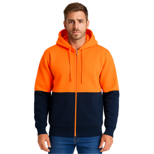HI VIS Jumper Full Zip Hoodie Safety Workwear Fleecy Fleece Jacket Hooded in Orange/Navy-0