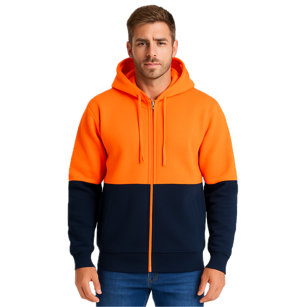 HI VIS Jumper Full Zip Hoodie Safety Workwear Fleecy Fleece Jacket Hooded in Orange/Navy-1