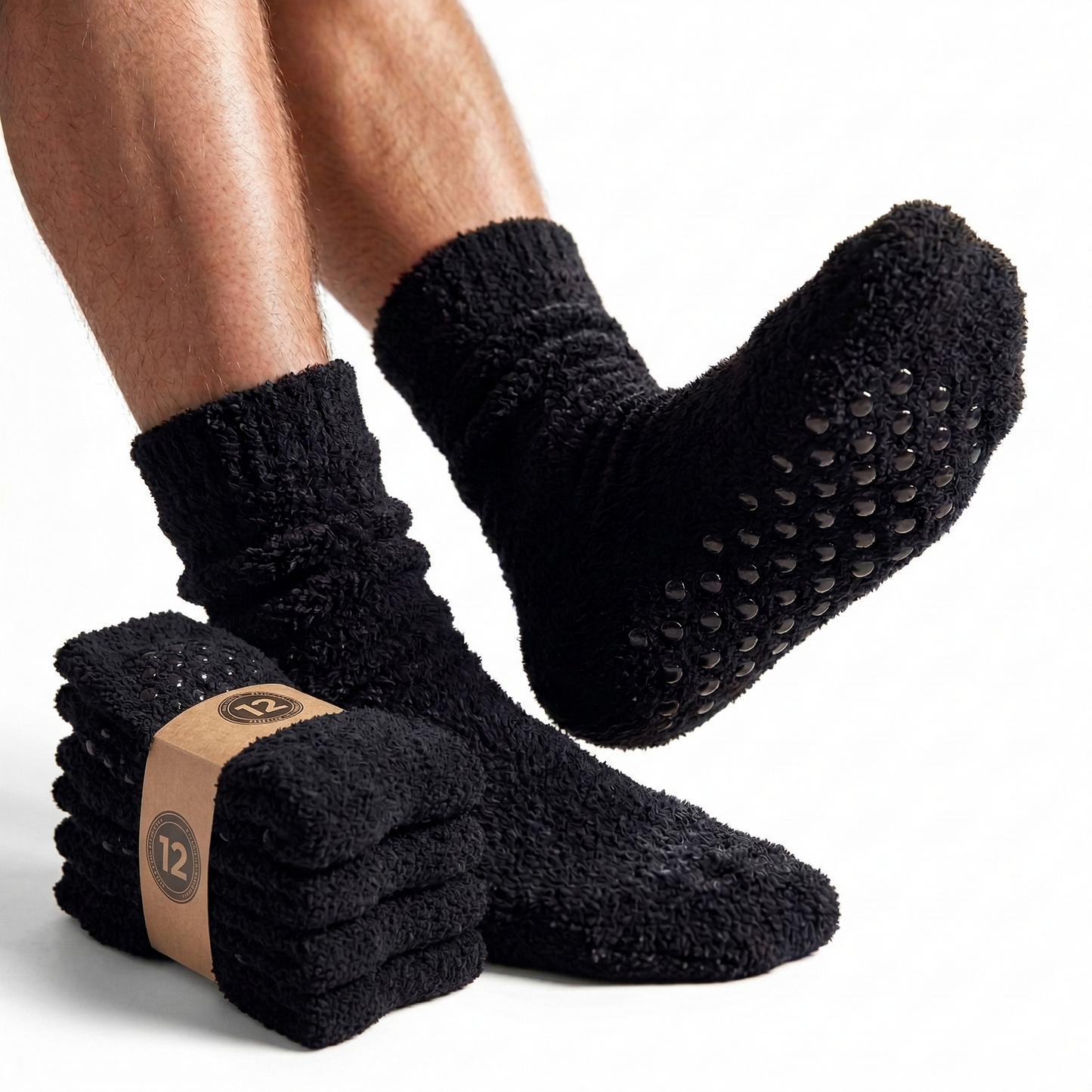 12 Pairs Mens Thick Non-Slip Bed Socks Bulk Pack - Plain Warm Winter Thermal Socks-0