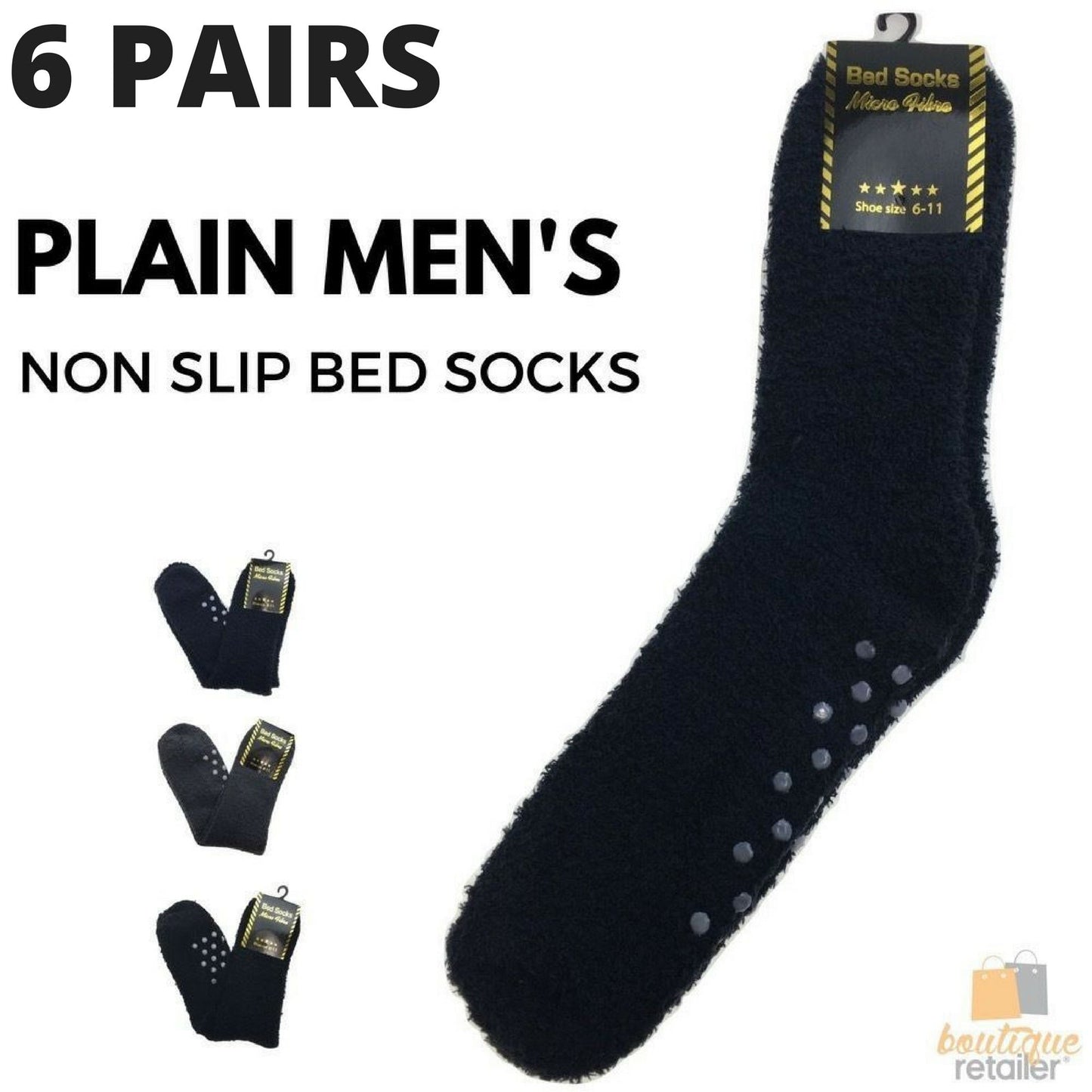 6 Pairs Mens Thick Non-Slip Bed Socks Bulk Pack - Plain Warm Winter Thermal Socks-1
