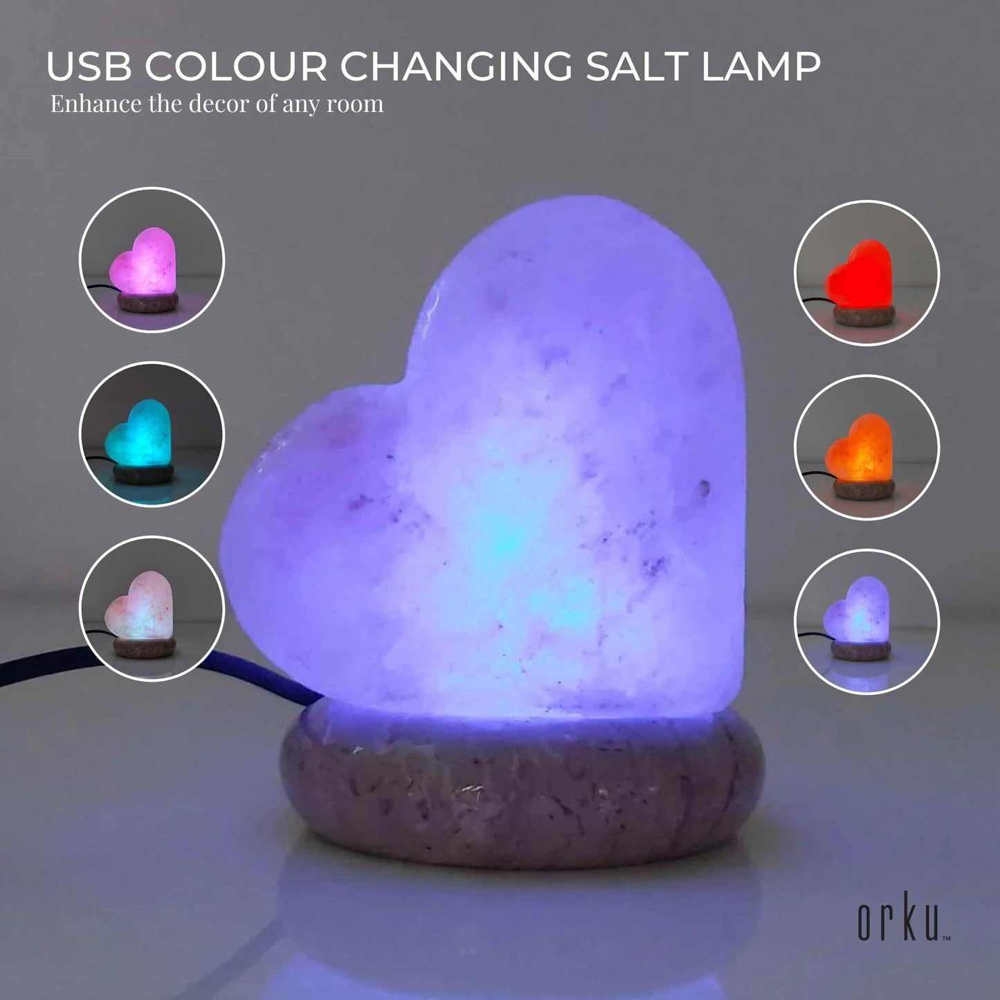 USB Colour Changing Salt Himalayan Lamp - Heart Love Shape Pink Rock LED Light-3