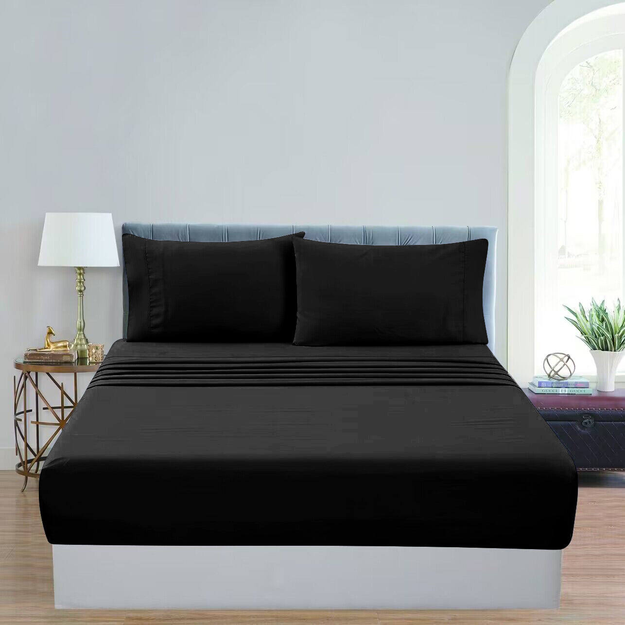 GOMINIMO 4 Pcs Bed Sheet Set 1000 Thread Count Ultra Soft Microfiber - King Single (Black)