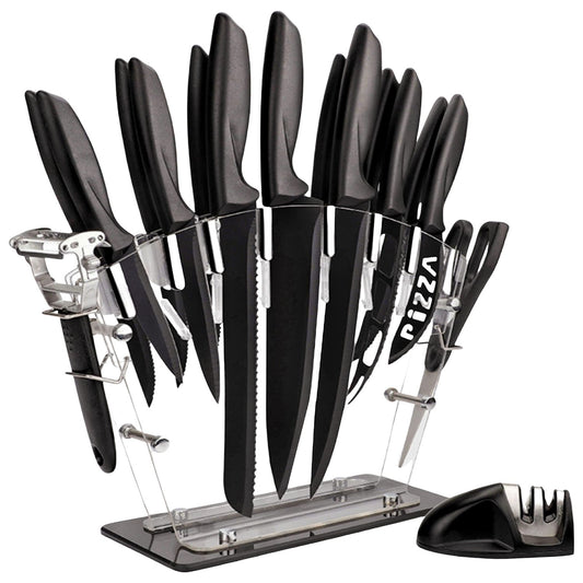 GOMINIMO 17 Piece Kitchen Knife Set with Acrylic Knife Block (Black and Transparent) GO-KKS-100-RC