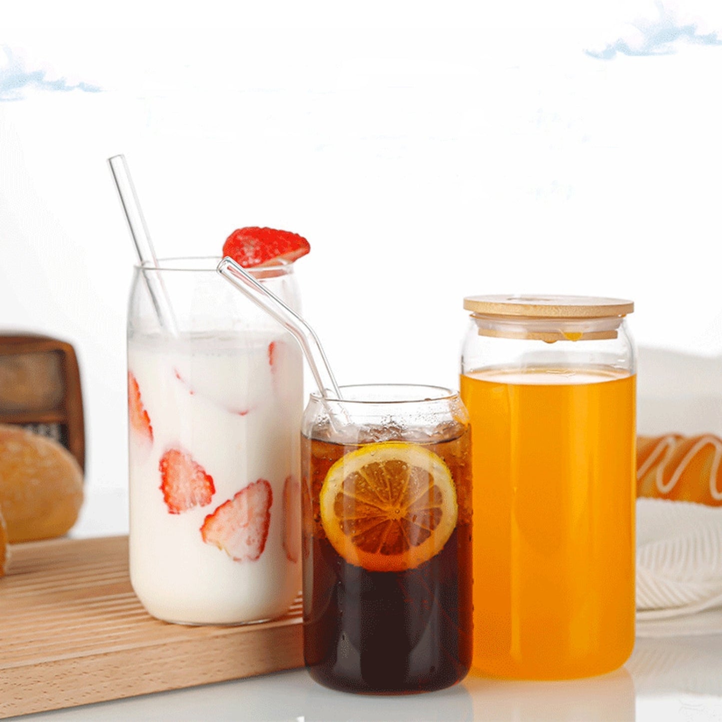 GOMINIMO 6 Pcs Clear Drinking Glasses with Bamboo Lids and Glass Straw(16 Oz ) GO-DG-100-FH