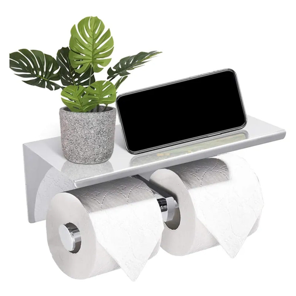GOMINIMO 304 Stainless Steel Double Toilet Paper Roll Holder with Phone Shelf (Silver)