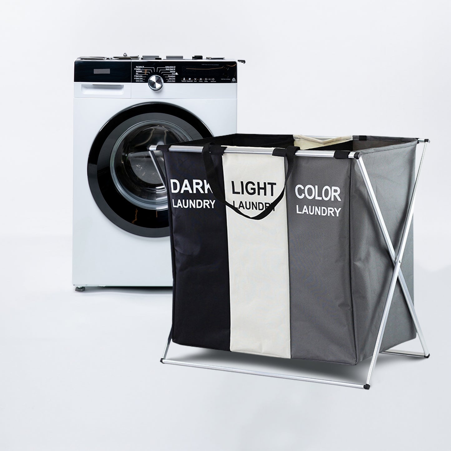 GOMINIMO 135L Foldable Laundry Cloth Hamper with 3 Sections (White+Grey+Black) GO-LB-115-XH