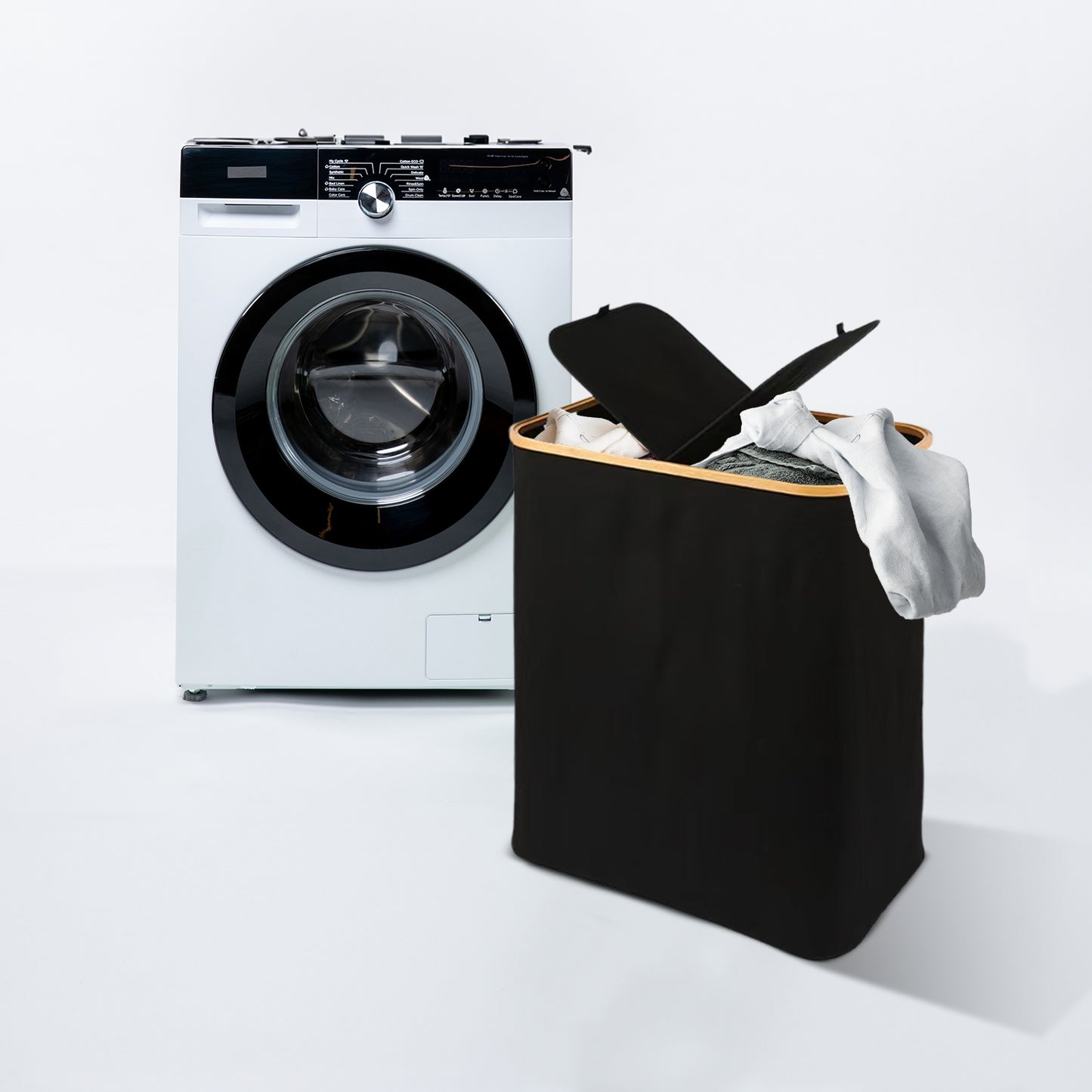 GOMINIMO Folding Bamboo & Canvas Laundry Hamper with Double Lid(Black)GO-LB-117-SJ