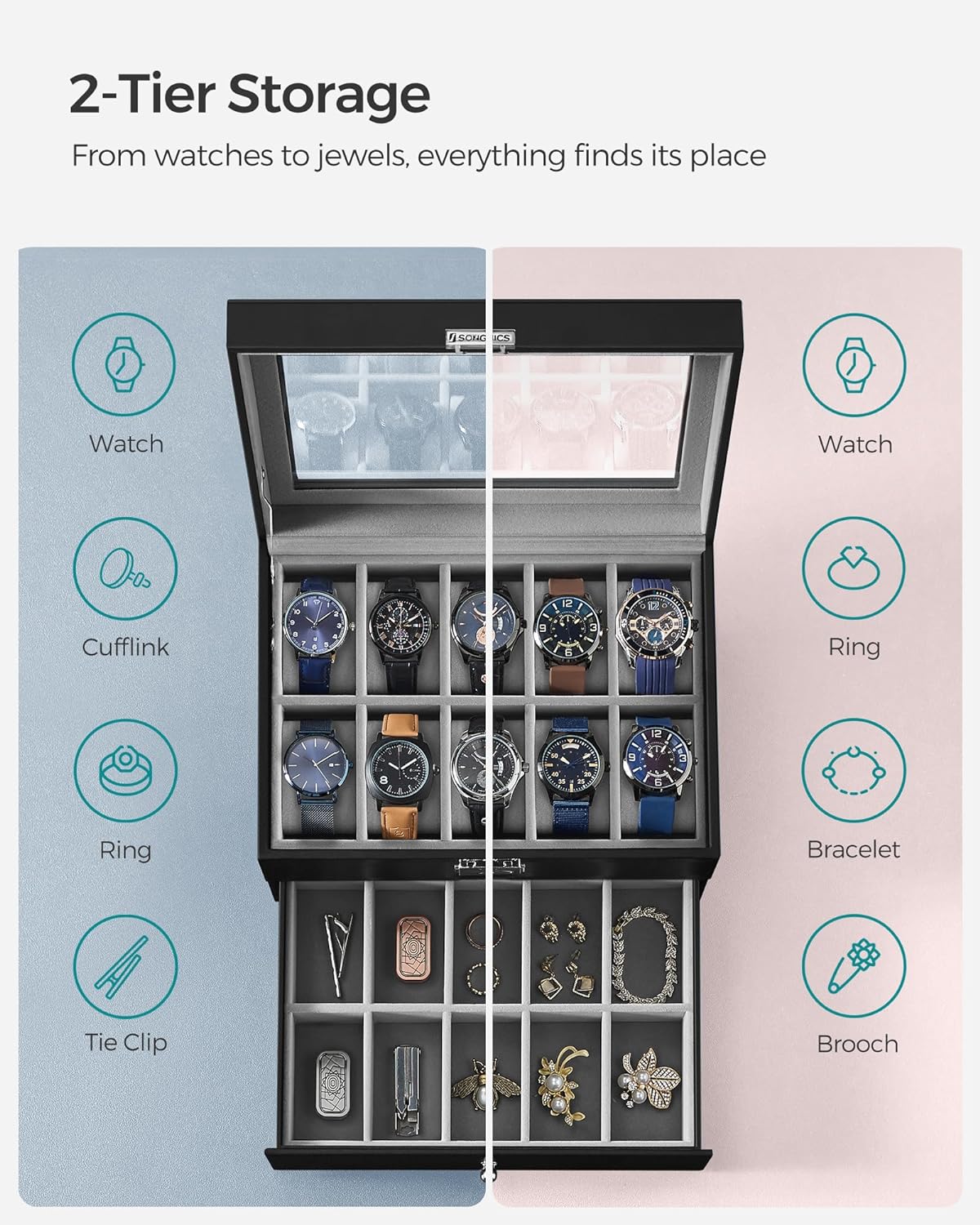 SONGMICS 20-Slot Watch Box with Glass Lid 2 Layers Black Synthetic Leather Gray Lining JWB006V1