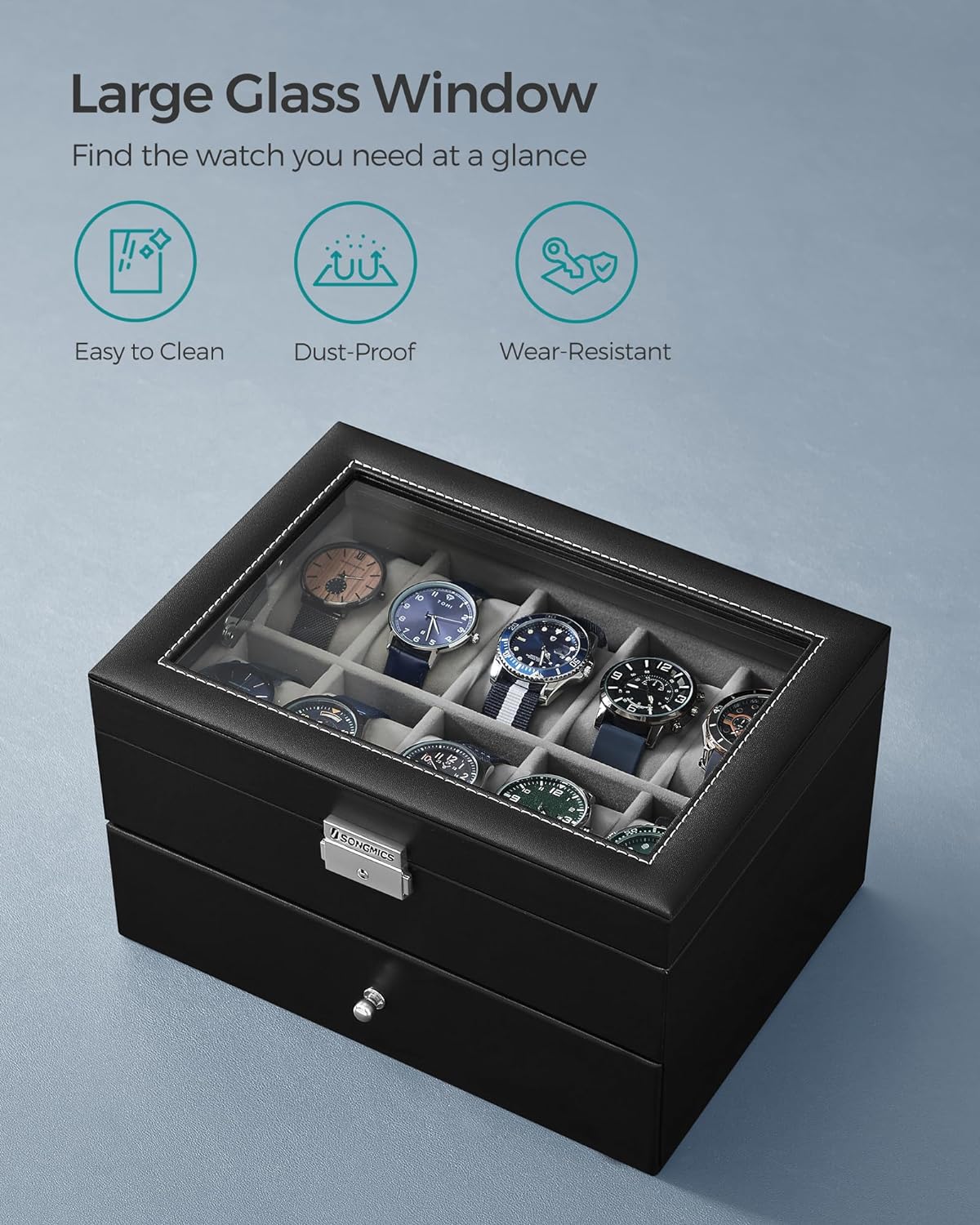 SONGMICS 20-Slot Watch Box with Glass Lid 2 Layers Black Synthetic Leather Gray Lining JWB006V1
