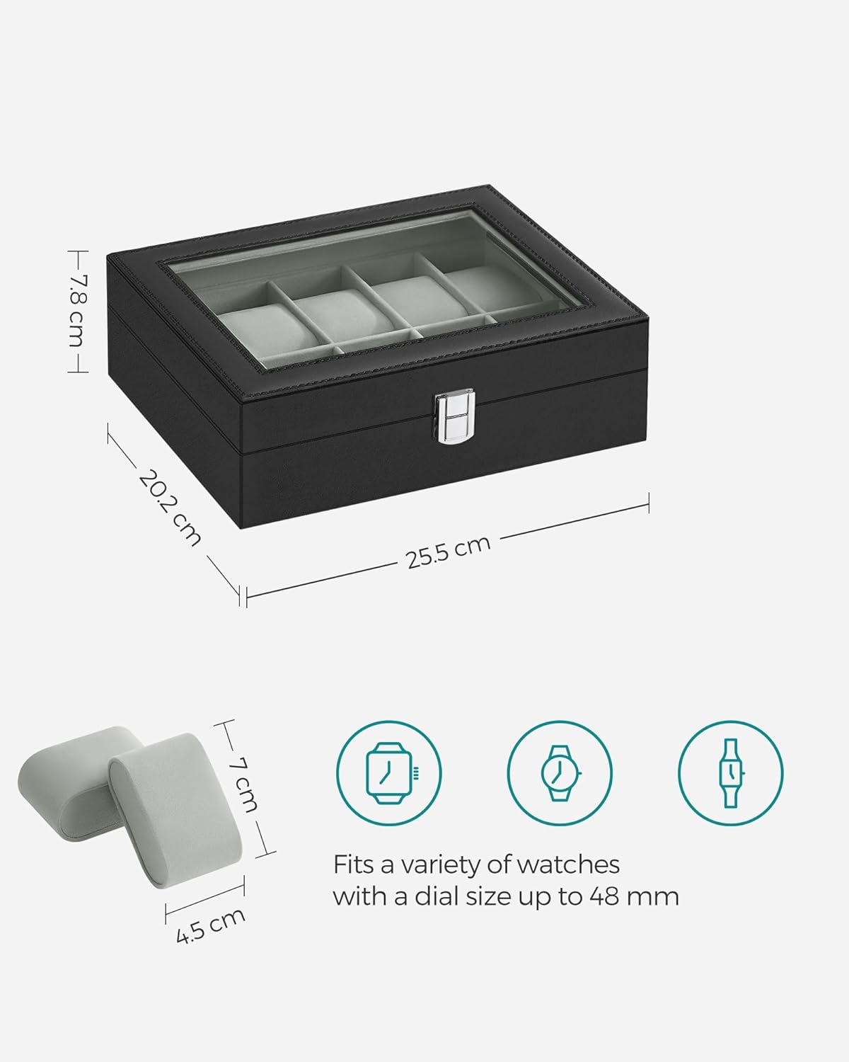 SONGMICS Watch Box for 10 Watches with Glass Lid and Removable Watch Pillows Black Synthetic Leather Grey Lining JWB010BK