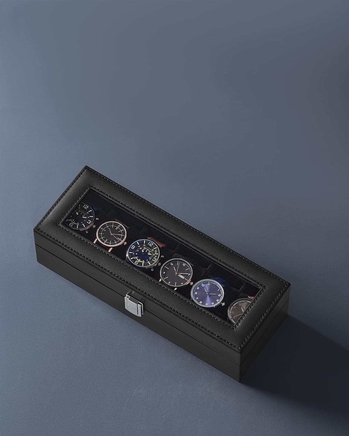 SONGMICS Watch Box for 6 Watches with Glass Lid and Removable Watch Pillows Black Synthetic Leather Grey Lining JWB06BK
