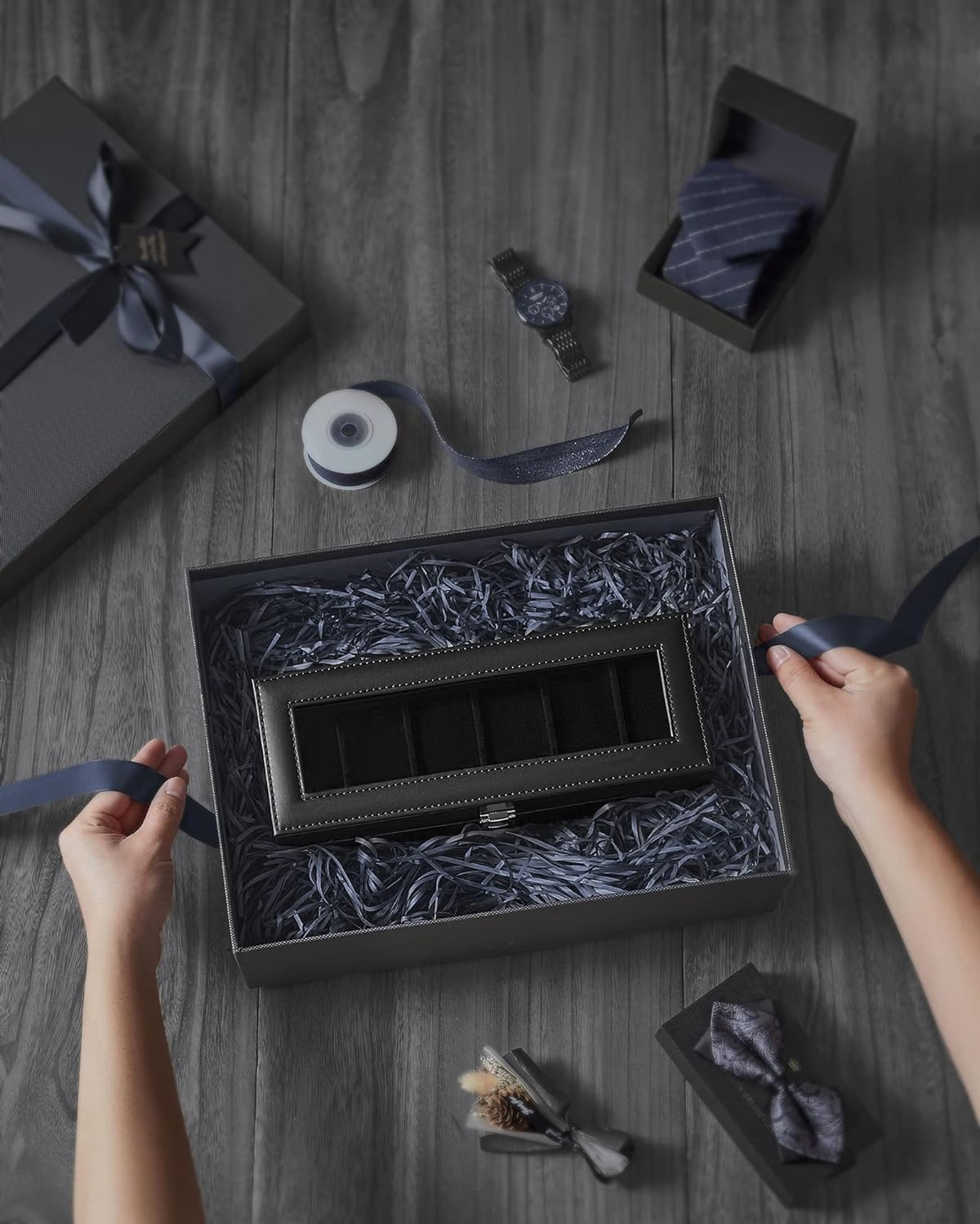 SONGMICS Watch Box for 6 Watches with Glass Lid and Removable Watch Pillows Black Synthetic Leather Grey Lining JWB06BK