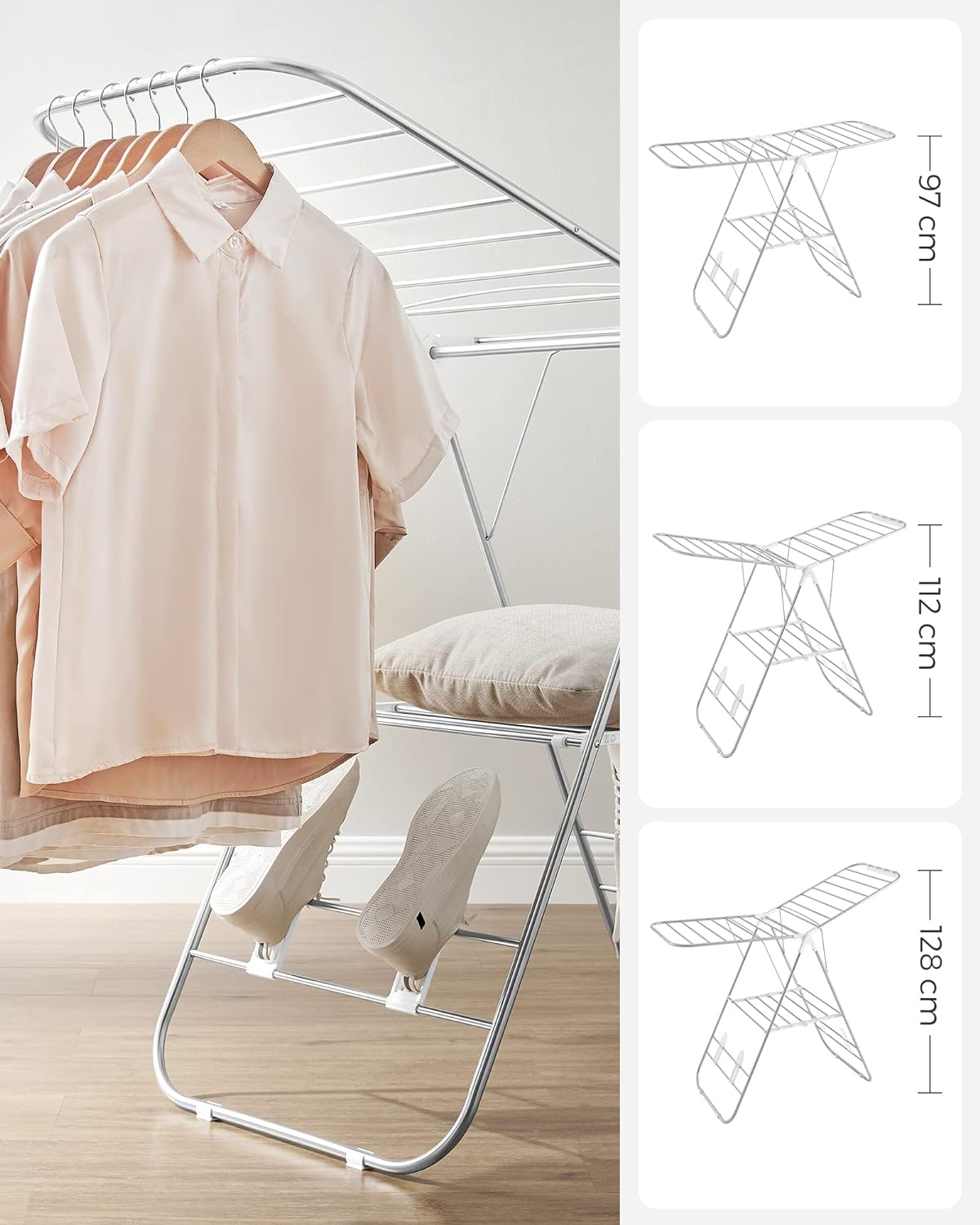 SONGMICS Foldable Clothes Drying Rack with Adjustable Wings Stainless Steel White and Silver LLR502W01