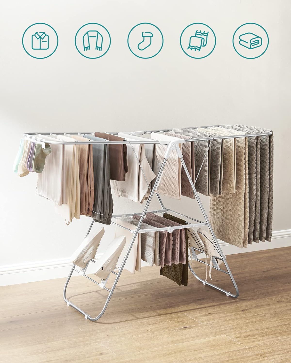 SONGMICS Foldable Clothes Drying Rack with Adjustable Wings Stainless Steel White and Silver LLR502W01
