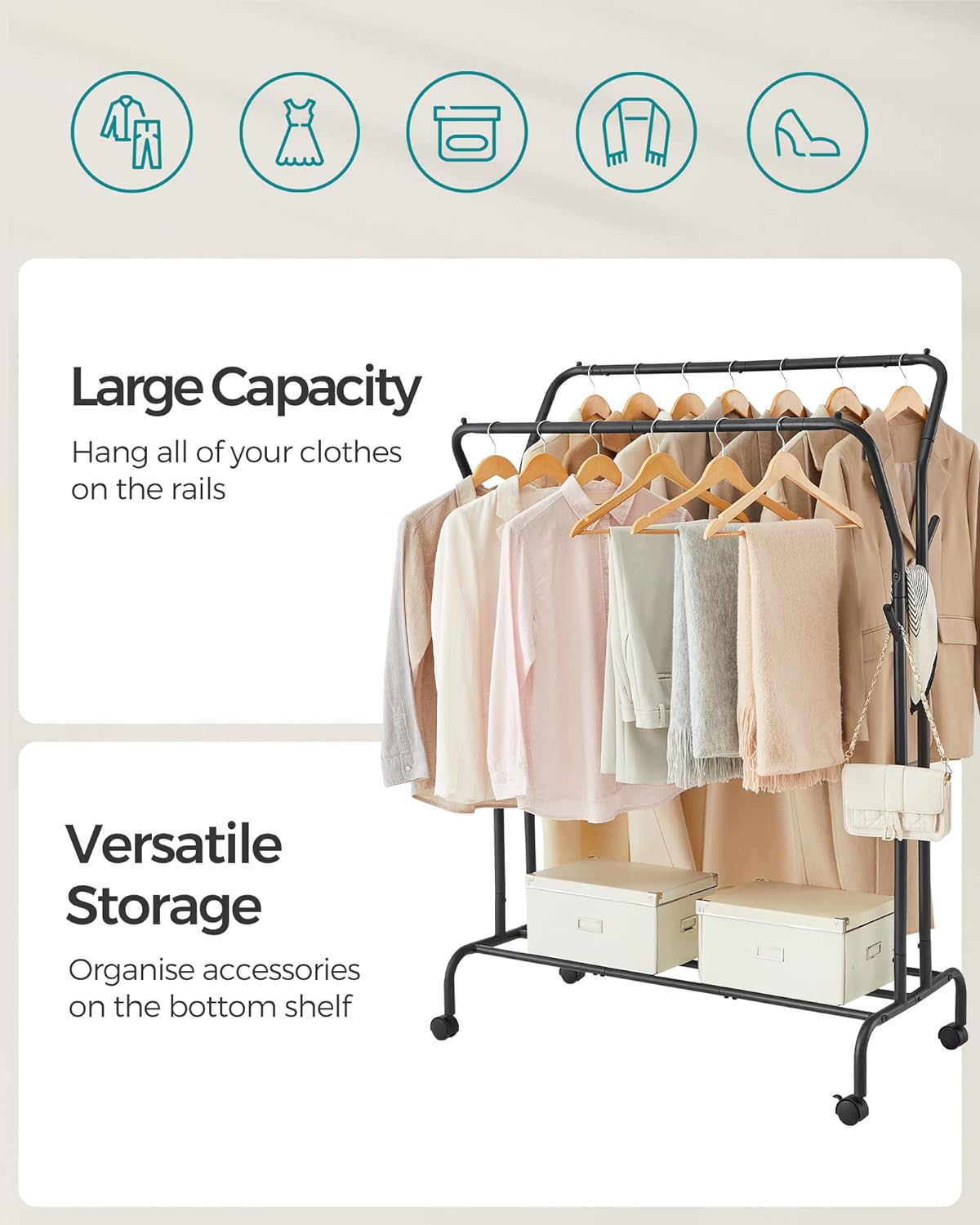 SONGMICS Metal Clothes Rack Double Rail with Wheels and Shelf Black HSR107B01