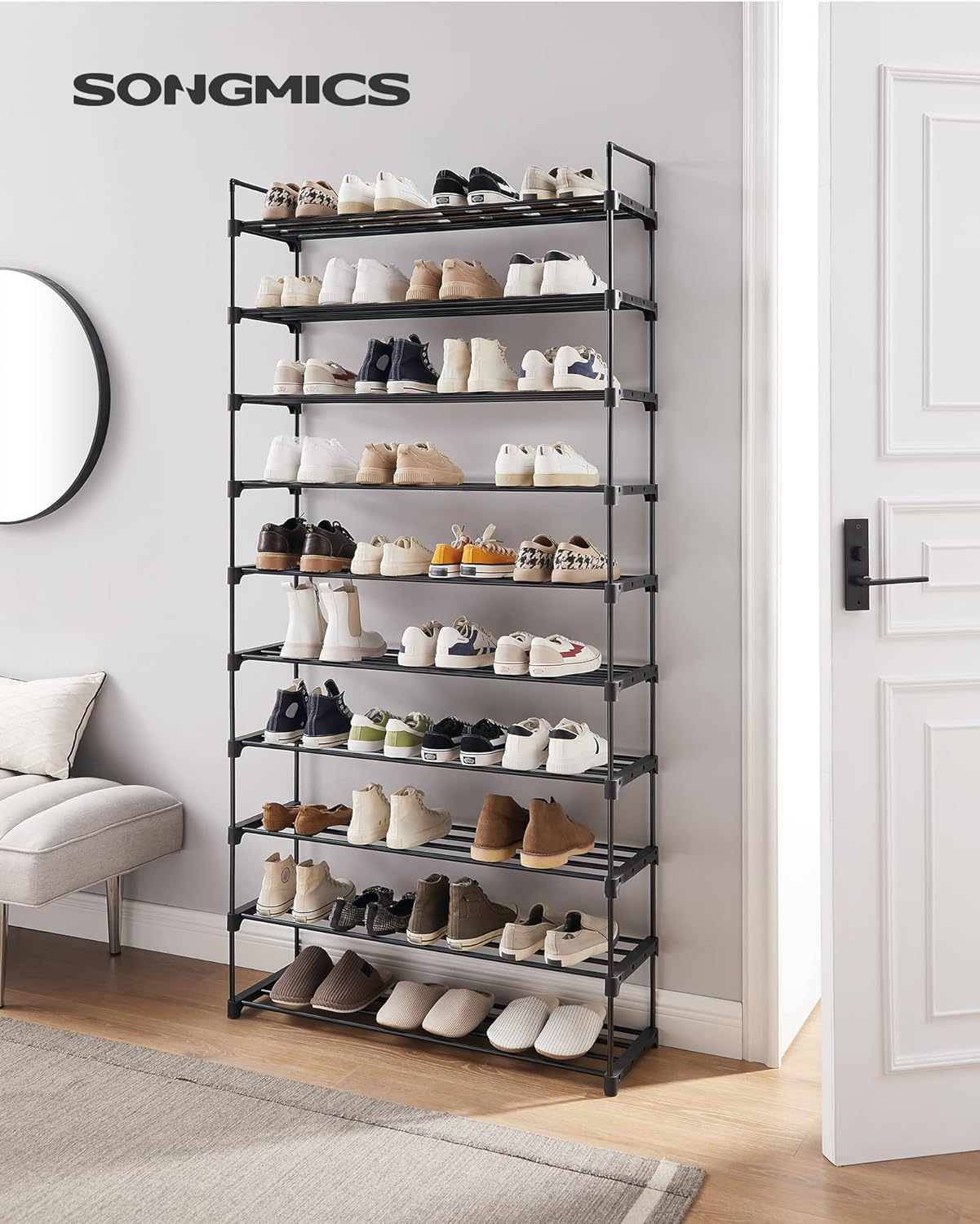 SONGMICS 10 Tier Metal Shoe Rack for 50 Pairs of Shoes Black LSA10BKV1