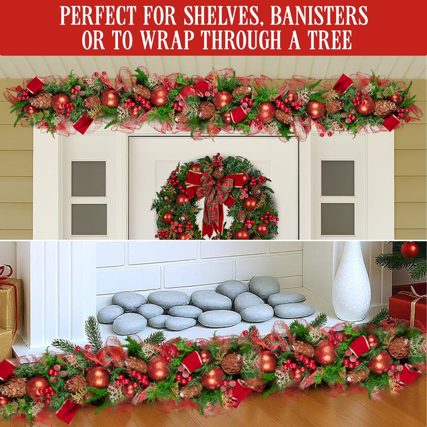 Christabelle 1m Christmas Garland with Red Berries & Pine Cones Baubles Berries Tree Decoration Ornament Red Green