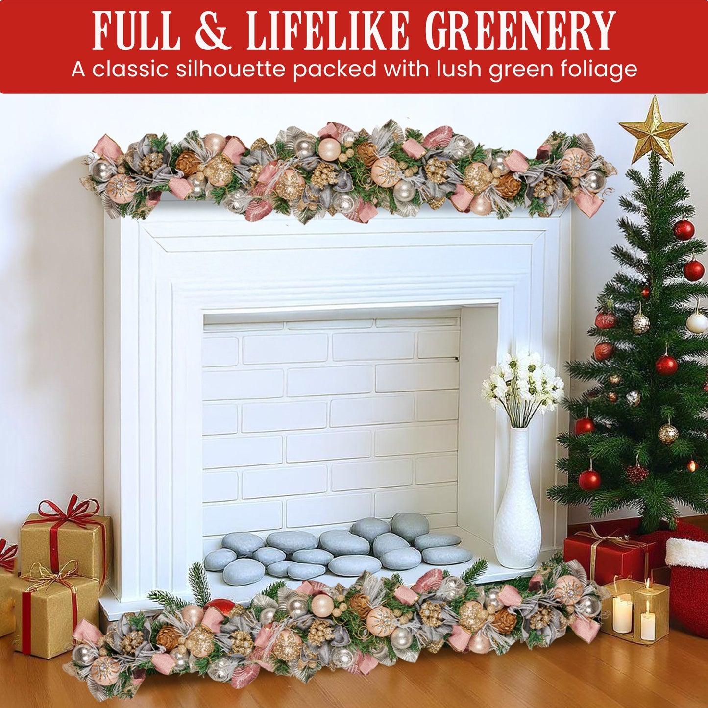 Christabelle Premium 1.8m Christmas Garland Jewelled Baubles & Berries Tree Decoration Ornament Pink Silver Gold