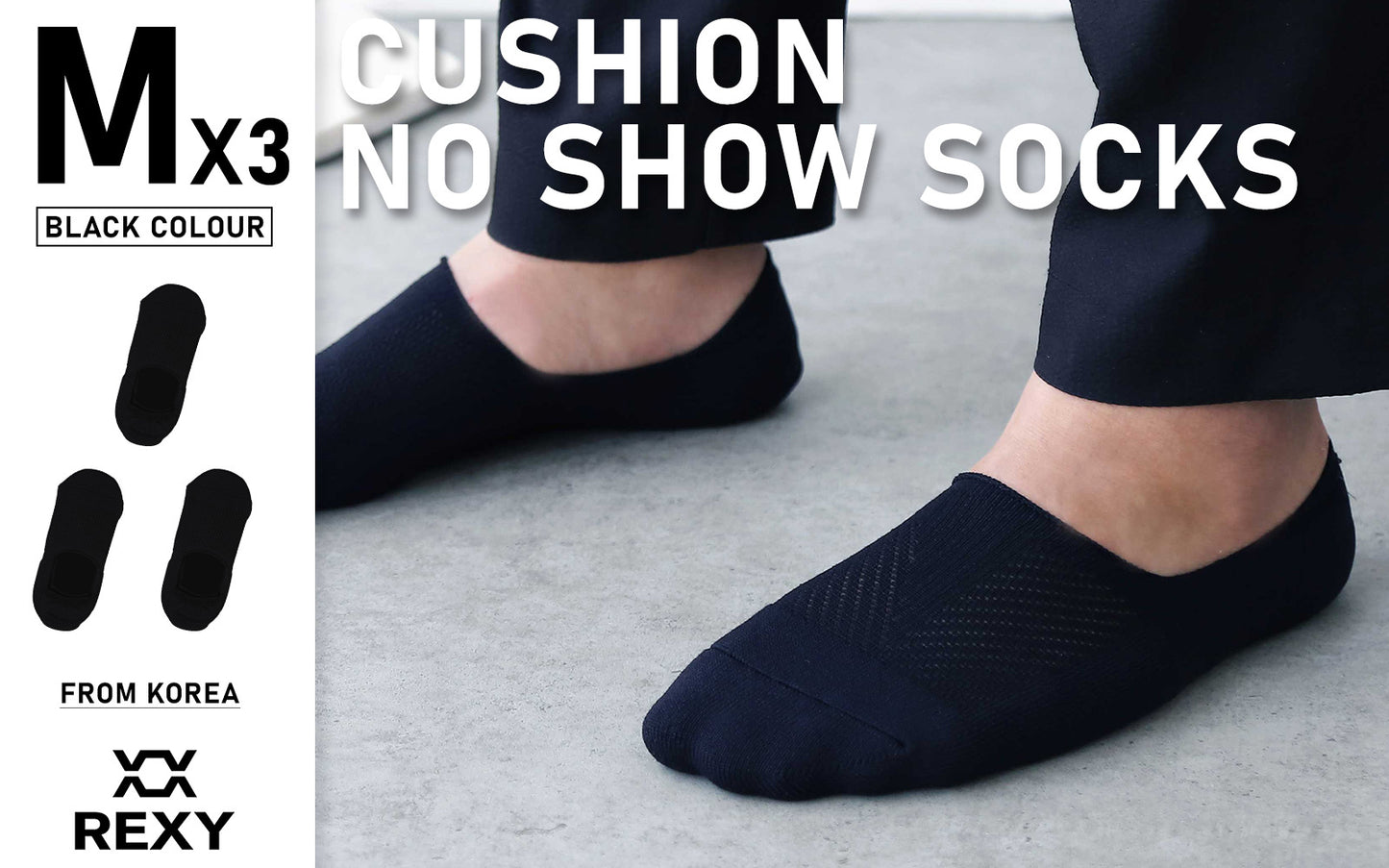 3X Rexy Cushion No Show Ankle Socks Medium Non-Slip Breathable BLACK