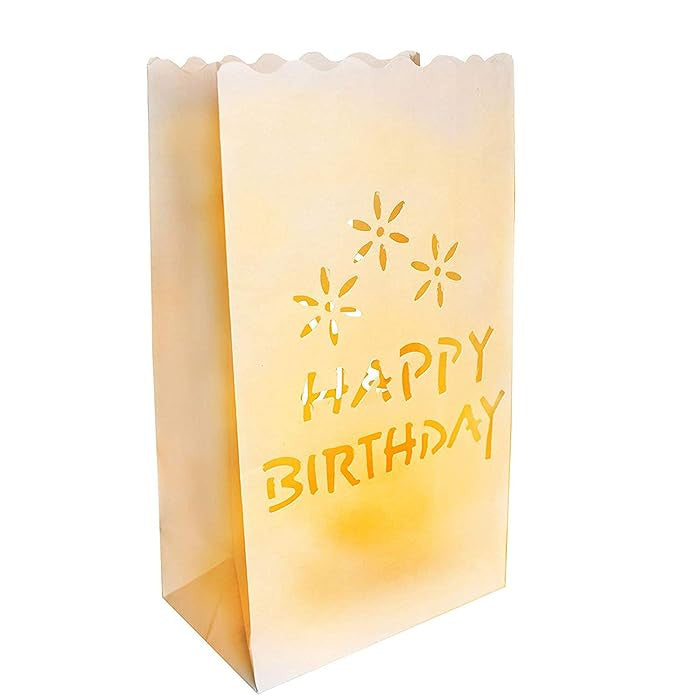 100 Pack White Happy Birthday Luminary Paper Candle Tea Light Lantern Bags Garden Anniversary Birthday Night Decorations Evening Party