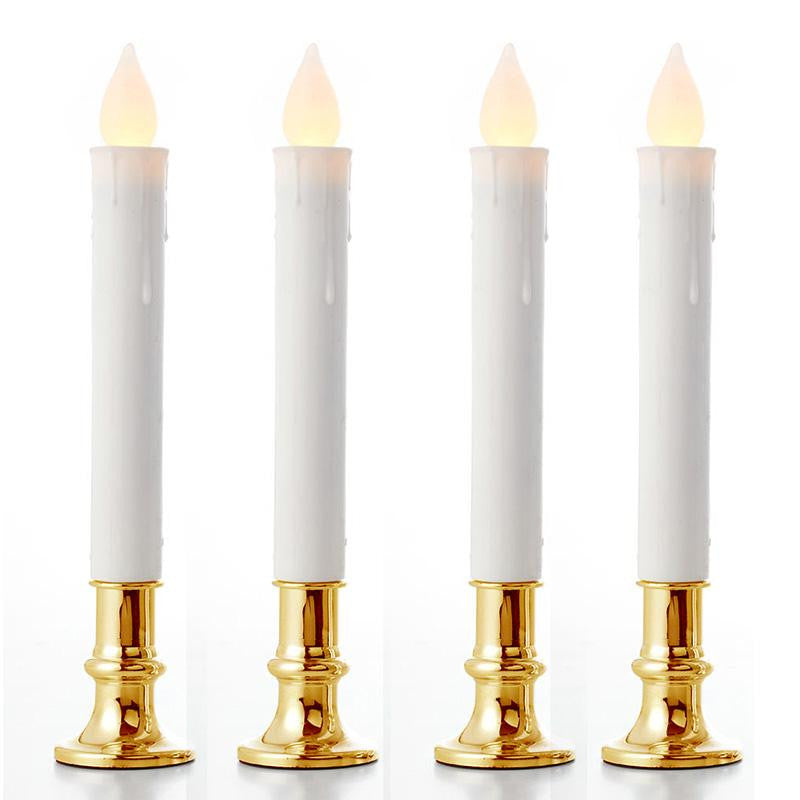 10 Pack Taper Stick White Battery Candle - Natural Flame Light Colour No Flicker - Gold Stand Base