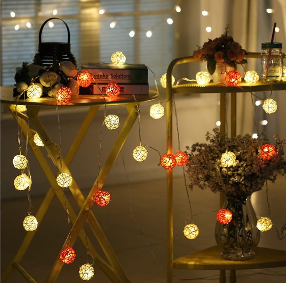 1 Set of Orange n White 5cm Rattan Cane 50 Ball Battery Powered LONG 5m String Lights Christmas Gift Home Wedding Party Bedroom Decoration Table Centrepiece