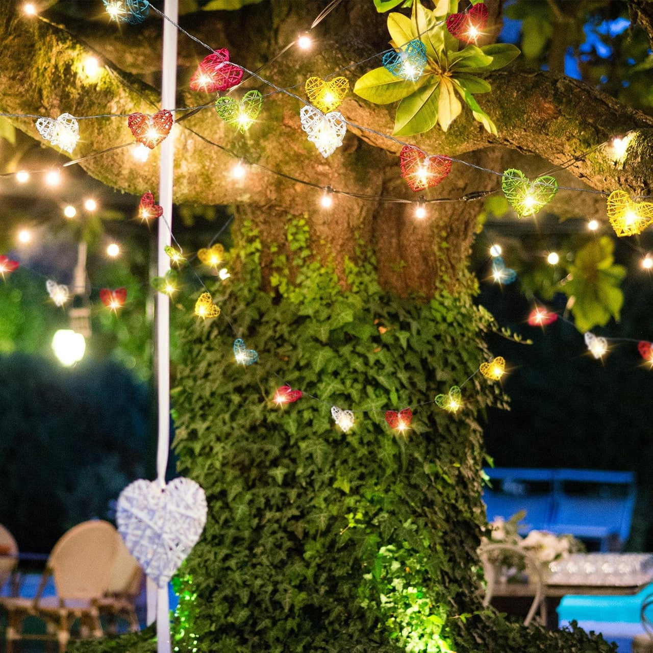 20 Rainbow 3D Hollowed Rattan Heart-Shaped 3M String Fairy Lights, Battery (AA) Indoor & Outdoor Decorations Birthday Kids Celebration PartyRoom Table Lighting