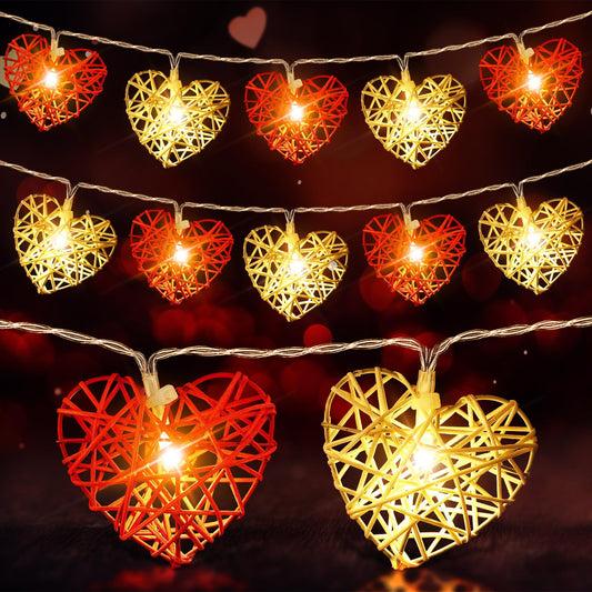 50 Red and White 3D Hollowed Rattan Heart-Shaped 5M LONG String Fairy Lights, Battery (AA) Indoor & Outdoor Decorations Wedding Valentines Romantic Room Table Lighting